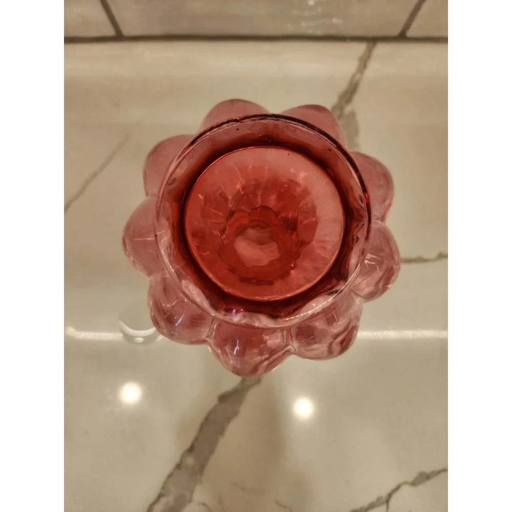Vtg Fenton Glass Cranberry Diamond Optic 6 Inch Tall Ruffled Edge Melon‎ Vase